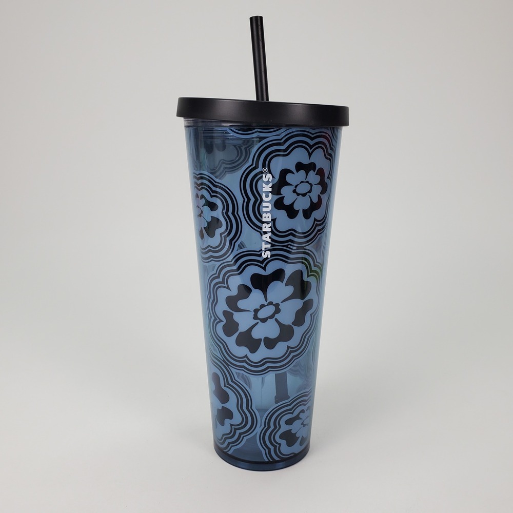 Starbucks Blue Floral Mandala Venti Cold Cup Tumbler 24oz Black Lid and Straw